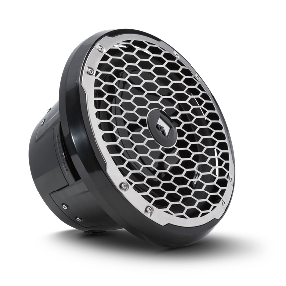 Profile View of Subwoofer with Black Trim Ring and Stainless Steel Grille