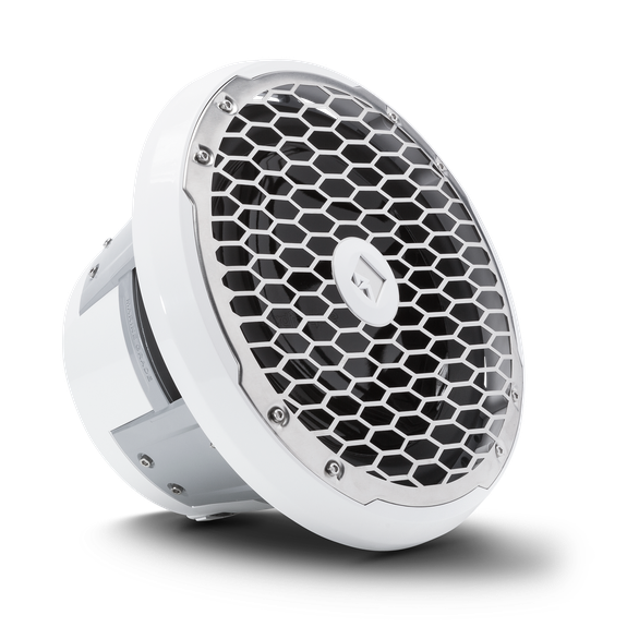 Profile View of Subwoofer with White Trim Ring and Stainless Steel Grille