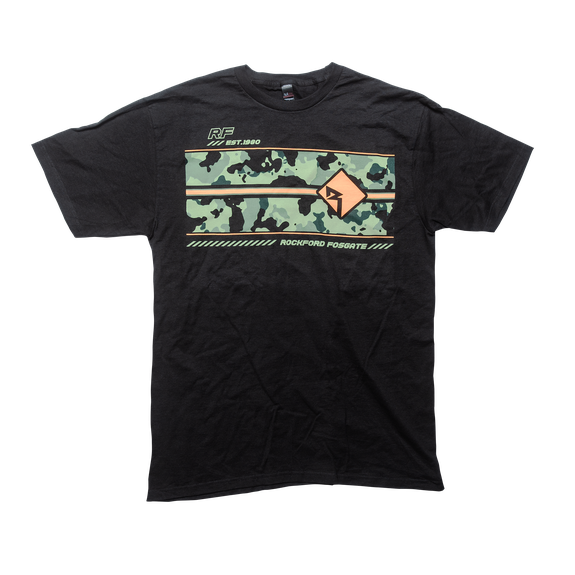 Front Side View of Black Rockford Fosgate T-shirt with Camo Graphic