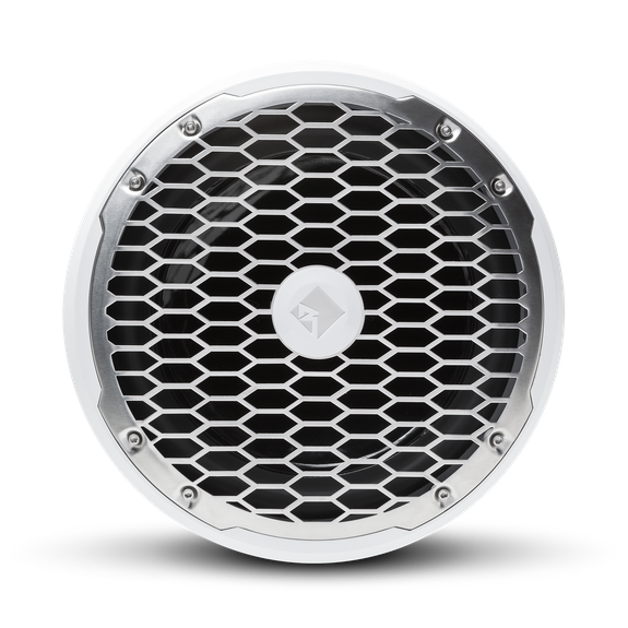 Front View of Subwoofer with White Trim Ring and Stainless Steel Grille
